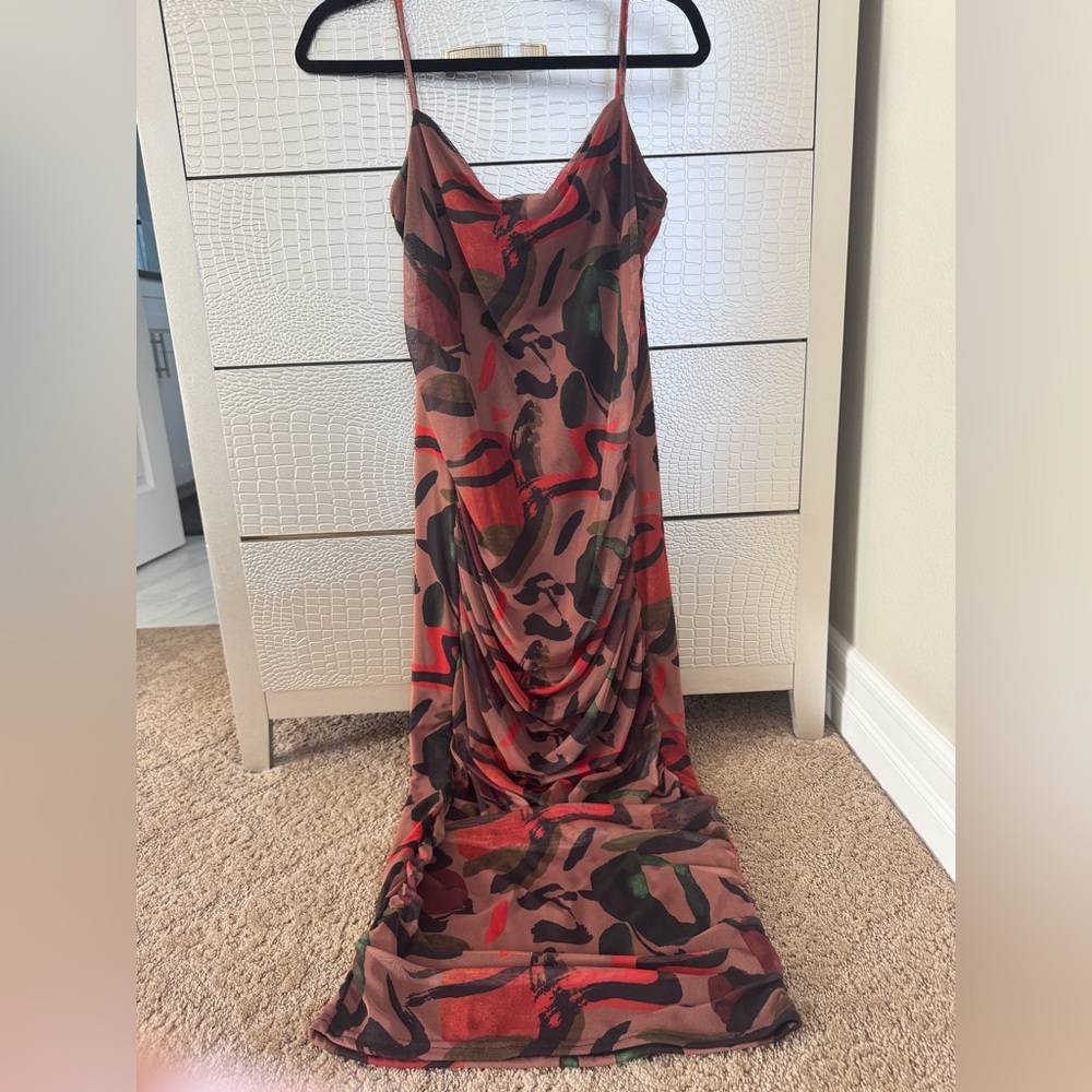 PrettyLittleThing Red and Black Abstract Maxi Dress